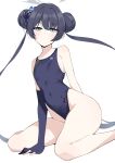  1girl alternate_costume black_hair black_one-piece_swimsuit blue_archive breasts competition_swimsuit double_bun grey_eyes hair_bun halcon halo highleg highleg_swimsuit highres kisaki_(blue_archive) long_hair looking_at_viewer one-piece_swimsuit simple_background sitting small_breasts solo swimsuit thighs twintails white_background 
