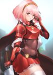  1girl armor artist_name bangs bodystocking braid breastplate brown_eyes commentary covered_navel deekei fire_emblem fire_emblem_engage gloves grey_hairband hairband highres lapis_(fire_emblem) pink_hair red_armor red_hairband ribbon short_hair side_braid solo sword thighhighs thighs two-tone_hairband weapon white_background white_ribbon white_thighhighs 