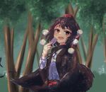  1girl :d bangs between_fingers black_hair black_wings blurry blurry_background feathered_wings feathers flat_chest hand_up hansode32 hat highres holding looking_at_viewer medium_hair outdoors pointy_ears pom_pom_(clothes) red_eyes shameimaru_aya smile solo tokin_hat touhou tree upper_body wings 