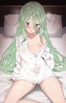  1girl aqua_eyes bangs bed bed_sheet blush breasts buttons cleavage collarbone collared_shirt commentary_request green_hair hair_between_eyes heart highres kantai_collection large_breasts long_hair long_sleeves open_mouth pillow shirt solo suzuki_toto translation_request white_shirt yamakaze_(kancolle) 