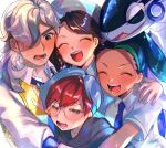  1boy 3girls :d absurdres arven_(pokemon) asada_sadao bangs black_hair blush braid brown_hair closed_eyes collared_shirt eyelashes glasses happy hat highres hood hoodie juliana_(pokemon) long_hair miraidon multicolored_hair multiple_girls necktie nemona_(pokemon) open_mouth penny_(pokemon) pokemon pokemon_(creature) pokemon_(game) pokemon_sv ponytail red_hair round_eyewear shirt short_hair short_sleeves smile sparkle sweatdrop teeth tongue two-tone_hair vest yellow_vest 