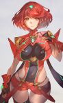  1girl absurdres bangs black_gloves breasts chest_jewel earrings fingerless_gloves gloves grey_background highres jewelry large_breasts looking_at_viewer pyra_(xenoblade) red_armor red_eyes red_hair red_shorts short_hair short_shorts shorts skindentation solo swept_bangs thick_thighs thigh_gap thighhighs thighs tiara ug333333 wide_hips xenoblade_chronicles_(series) xenoblade_chronicles_2 