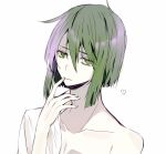  1boy bangs collared_shirt finger_to_mouth green_eyes green_hair heart long_sleeves male_focus mitsunari_(vanquish_brothers) open_mouth shirt shirt_partially_removed short_hair sketch skunlv smile solo vanquish_brothers white_background white_shirt 