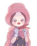  1girl ace_attorney aged_down apollo_justice:_ace_attorney blush brown_eyes brown_hair clenched_hands gloves hat koteko_(chop_of_toilet) looking_at_viewer open_mouth pink_headwear red_scarf scarf short_hair simple_background smile solo top_hat trucy_wright upper_body white_background white_gloves 