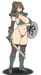  1girl arm_guards armor bangs bikini bikini_armor breasts brown_hair brown_haired_glasses_elf_(houtengeki) brown_thighhighs cleavage elf full_body glasses greaves green_armor green_eyes hair_between_eyes high_ponytail highleg highleg_bikini highres houtengeki large_breasts long_hair looking_at_viewer navel open_mouth original pauldrons pointy_ears ponytail shield shoulder_armor sidelocks solo swimsuit sword thighhighs weapon white_background 