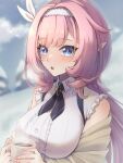  1girl :o bangs blue_eyes blurry blurry_background blush breasts brown_jacket collared_shirt commentary_request cup depth_of_field dress_shirt elysia_(honkai_impact) highres holding holding_cup honkai_(series) honkai_impact_3rd jacket large_breasts long_hair looking_at_viewer miro mug off_shoulder open_clothes open_jacket parted_lips pink_hair pointy_ears shirt snow solo steam upper_body white_shirt 