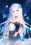  1girl absurdres black_dress blue_eyes blush breasts bug butterfly choker dress hair_between_eyes hair_ornament hairclip highres holding large_breasts long_hair looking_at_viewer moon na_kyo night original sky star_(sky) starry_sky starry_sky_print tiara two-tone_dress white_dress white_hair 