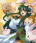  &gt;_&lt; 1girl animal_ears bangs black_gloves black_shorts blush breasts chinese_zodiac commentary_request cowboy_shot dated detached_sleeves eriku_(aoi_tori) fang fingerless_gloves gloves green_eyes green_hair hair_between_eyes happy_new_year highres long_hair looking_at_viewer lunatic_(ragnarok_online) medium_breasts official_alternate_costume open_mouth pointy_ears rabbit_ears ragnarok_online ranger_(ragnarok_online) scarf short_shorts shorts signature smile star_(symbol) white_sleeves year_of_the_rabbit yellow_scarf 