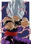  1boy aiming_at_viewer commentary_request dougi dragon_ball dragon_ball_super dragon_ball_super_super_hero forest_1988 furrowed_brow gohan_beast grey_hair highres makankousappou male_focus muscular muscular_male red_eyes serious signature solo son_gohan spiked_hair squatting 