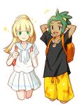  1boy 1girl arms_behind_head backpack bag black_eyes black_shirt blonde_hair collarbone cowboy_shot dark-skinned_male dark_skin green_eyes green_hair hau_(pokemon) hinata_(ryohinata) lillie_(pokemon) pokemon pokemon_(creature) pokemon_(game) pokemon_sm ponytail shirt simple_background skirt smile sparkle white_background white_shirt 