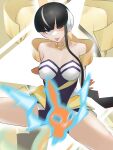  1girl ;p bangs black_hair blue_eyes blunt_bangs blurry breasts cleavage closed_mouth collarbone commentary elesa_(pokemon) elesa_(sygna_suit)_(pokemon) gloves headphones highres keiaizenfeld looking_at_viewer motion_blur multicolored_hair official_alternate_costume one_eye_closed orange_gloves pokemon pokemon_(creature) pokemon_(game) pokemon_masters_ex rotom rotom_(normal) short_hair_with_long_locks smile spread_legs streaked_hair tongue tongue_out 