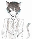  1boy animal_ears bangs black_hair black_wolves_saga cat_boy cat_ears cat_tail formal grey_eyes greyscale julian_(black_wolves_saga) long_sleeves looking_at_viewer male_focus monochrome open_mouth short_hair skunlv smile solo tail 