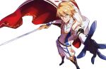  1boy absurdres alear_(fire_emblem) alear_(male)_(fire_emblem) alear_(male)_(fire_emblem)_(cosplay) alternate_costume belt black_belt black_footwear blonde_hair blue_eyes blue_gloves boots bow bowtie cape cosplay fire_emblem fire_emblem_engage floating_cape foot_out_of_frame from_above garter_straps gloves hair_between_eyes highres holding holding_sword holding_weapon holostars jacket kishido_temma knee_boots looking_at_viewer male_focus open_clothes open_jacket outstretched_arm pants reaching_towards_viewer red_cape saku_(sakudeji) shirt short_hair simple_background smile solo standing sword two-sided_fabric vest virtual_youtuber weapon white_background white_bow white_bowtie white_cape white_jacket white_pants white_shirt white_vest 