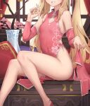  1girl bare_legs bare_shoulders blonde_hair breasts china_dress chinese_clothes covered_navel detached_sleeves dress grin hand_up head_out_of_frame little_witch_nobeta long_hair long_sleeves no_panties nobeta official_art oopartz_yang pelvic_curtain pink_dress side_cutout sitting sleeveless sleeveless_dress small_breasts smile solo thighs twintails very_long_hair 