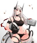  1girl adjusting_clothes adjusting_panties arknights artist_name black_bra black_panties black_sports_bra bra breasts cleavage collarbone cowboy_shot debris earrings elite_ii_(arknights) english_commentary grey_hair hair_ornament hammer helmet highres holding holding_helmet horns infection_monitor_(arknights) jewelry juicybons large_breasts long_hair looking_at_viewer mudrock_(arknights) navel oripathy_lesion_(arknights) panties parted_lips pointy_ears red_eyes simple_background solo sports_bra thigh_strap twitter_username underwear white_background white_hair 