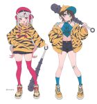  2girls animal_print bandaid bandaid_on_knee bandaid_on_leg bangs baseball_cap beret black_hair blue_eyes blue_socks blush breasts club_(weapon) earrings fake_horns fang hair_ribbon hat highres holding holding_weapon hololive hood hoodie horned_headwear horns jacket jewelry jpeg_artifacts kanabou long_hair long_sleeves looking_at_viewer medium_breasts multicolored_hair multiple_girls nakiri_ayame navel oni oni_horns oozora_subaru open_mouth red_eyes red_hair red_ribbon red_thighhighs ribbon setsubun shirt short_hair simple_background skindentation smile socks spiked_club streaked_hair swept_bangs thighhighs tiger_stripes twintails twitter_username vinhnyu virtual_youtuber weapon white_background white_hair zettai_ryouiki 