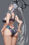  1girl adjusting_clothes adjusting_swimsuit animal_ear_fluff animal_ears ass bare_arms bare_legs bare_shoulders blue_archive blue_eyes blush breasts competition_swimsuit cowboy_shot cross_hair_ornament extra_ears from_behind grey_background grey_hair hair_ornament hairclip halo highres large_breasts long_hair looking_at_viewer looking_back multicolored_clothes multicolored_swimsuit official_alternate_costume one-piece_swimsuit ponytail shiroko_(blue_archive) shiroko_(swimsuit)_(blue_archive) shiroko_(terror)_(blue_archive) simple_background simplecar solo swimsuit thighs very_long_hair 