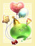  &gt;_&lt; :3 balloon bow character_balloon commentary_request full_body happy_new_year hat heart_balloon no_humans party_hat party_popper polka_dot polka_dot_background poporing ragnarok_online red_bow red_eruma rouko_(shichizai_shichifuku) signature slime_(creature) solo striped striped_background yellow_background 