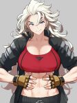  1girl abs anagumasan bangs black_jacket black_pants blue_eyes breasts cleavage closed_mouth collarbone cowboy_shot crop_top double_dragon fingerless_gloves gloves hair_between_eyes hands_on_own_stomach hands_on_stomach highres jacket kunio-kun_series large_breasts long_hair looking_at_viewer marian_kelly midriff muscular muscular_female navel open_clothes open_jacket pants red_sports_bra river_city_girls simple_background sleeves_rolled_up smile solo sports_bra standing white_hair 