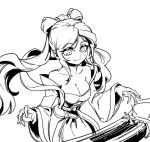  1girl bangs bare_shoulders blush breasts cleavage collarbone commentary cowboy_shot detached_sleeves double_bun dress greyscale hair_bun instrument league_of_legends long_hair long_sleeves monochrome phantom_ix_row piano simple_background smile solo sona_(league_of_legends) symbol-only_commentary white_background 