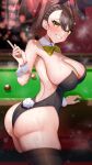  1girl absurdres armpits ass azur_lane back ball baltimore_(azur_lane) bangs bare_back billiard_ball blurry blurry_background blush braid breasts brown_hair cleavage detached_collar from_behind grin highres huge_ass large_breasts looking_at_viewer looking_back playboy_bunny plump pool_table seele0907 short_hair smile sparkle steam sweat table v wet wrist_cuffs yellow_eyes 