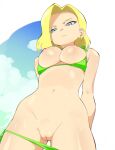  1girl :&lt; aetherion android_18 arms_behind_back bikini bikini_pull blonde_hair blue_eyes breasts breasts_out cleavage closed_mouth clothes_pull dragon_ball earrings green_bikini highres jewelry looking_down navel nipples pussy solo standing swimsuit 
