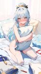  1girl ai-generated artist_request ass bad_link blue_eyes blue_hair blush embarrassed full_body genshin_impact hair_ribbon highres kamisato_ayaka kneeling long_hair looking_at_viewer nude object_hug on_bed pillow pillow_hug ribbon solo tearing_up thick_thighs thighhighs thighs white_thighhighs 