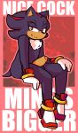  balls black_body black_fur catjam_(artist) chest_tuft clothing compliment dialogue footwear foreskin fur genitals gloves handwear looking_at_viewer male penis red_background red_body red_fur sega shadow_the_hedgehog shoes simple_background sitting smirking_at_viewer solo sonic_the_hedgehog_(series) tuft 