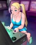  1girl alternate_hairstyle anklet arcade arcade_cabinet ashtray bag between_breasts blue_dress blue_eyes blue_nails bracelet breasts casual cigarette cleavage coin commentary controller dress ear_piercing english_commentary hair_ornament hairclip handbag highres jewelry joystick large_breasts leg_up long_hair mole mole_on_breast nail_polish necklace no_bra piercing playing_games quasimodox rainbow_mika redrawn sandals side_ponytail smoking solo strap_between_breasts strap_gap street_fighter street_fighter_ii_(series) thick_thighs thighs toenail_polish toenails toes video_game 