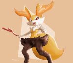  angry anthro big_tail braixen doshigato female feral fluffy fluffy_tail fur generation_6_pokemon gesture hi_res inner_ear_fluff nintendo null_crotch painted pointing pointing_at_viewer pokemon pokemon_(species) red_ear_fluff simple_background solo tail tuft white_body white_fur yellow_body yellow_fur 