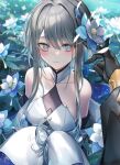  1boy 1girl :3 absurdres aqua_eyes bangs bare_shoulders black_gloves blurry blush breasts depth_of_field flower genshin_impact glaze_lily gloves grey_hair guizhong_(genshin_impact) hair_flower hair_ornament hair_stick highres looking_at_viewer outdoors pottsness pov pov_hands short_hair_with_long_locks sleeves_past_fingers sleeves_past_wrists small_breasts smile turtle two-tone_dress zhongli_(genshin_impact) 