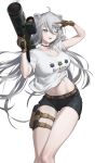  1girl abs animal_ears black_choker black_shorts breasts brown_gloves choker commentary gloves glowing glowing_weapon grey_eyes grey_hair guihuo_inferno highres hololive holster jewelry large_breasts lion_ears long_hair low_twintails messy_hair midriff narrow_waist navel necklace official_alternate_hair_length official_alternate_hairstyle rocket_launcher shirt shishiro_botan short_shorts short_sleeves shorts t-shirt thigh_holster thigh_strap toned twintails virtual_youtuber weapon white_sleeves 