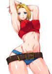  1girl armpits arms_up ass_visible_through_thighs belt blonde_hair blue_eyes blue_mary breasts contrapposto covered_nipples cowboy_shot crop_top forehead highres impossible_clothes impossible_shirt large_breasts linea_alba looking_at_viewer loose_belt medium_hair micro_shorts midriff navel open_mouth parted_hair red_shirt shirt shorts simple_background skin_tight sleeveless_turtleneck_crop_top smash_daisaku straight_hair stretching the_king_of_fighters turtleneck_crop_top white_background 