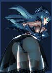  1girl ass bangs bat_wings blue_border blue_gloves blue_hair blue_headwear blue_panties blue_wings blush border breasts brown_thighhighs cameltoe covered_nipples demon_girl elbow_gloves floating_hair from_behind gloves hat highres jester_cap lace-trimmed_skirt lace_trim large_breasts leaning_forward long_hair mabinogi open_mouth panties see-through see-through_skirt shinjou_satomi shiny_clothes sideways_mouth skirt solo standing straight_hair succubus_(mabinogi) teeth thighhighs underwear upper_teeth_only wings yellow_eyes 