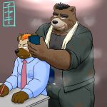  2023 absurd_res anthro bear black_nose blush bottomwear brown_body bulge ch_ia_ki clothing duo hi_res hyena kemono male male/male mammal musk necktie pants shirt slightly_chubby topwear towel towel_around_neck 