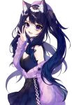  1girl animal_ear_fluff animal_ears bangs black_hair black_skirt breasts cardigan cat_ears cat_girl cleavage cleavage_cutout clothing_cutout english_commentary hair_between_eyes heart_cutout highres indie_virtual_youtuber lilbpeach long_hair looking_at_viewer medium_breasts off_shoulder open_mouth purple_cardigan purple_eyes second-party_source shimotsuki_miri skirt smile solo sweater_tucked_in twintails virtual_youtuber waving white_background 