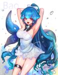  1girl armpits arms_behind_head bangs bao_(vtuber) blue_hair bluemayo bow bowtie breasts bridal_garter cetacean_tail covered_navel dress fangs fish_tail hair_between_eyes hair_bow highres indie_virtual_youtuber large_breasts liquid_hair long_hair looking_at_viewer open_mouth ponytail red_eyes short_dress smile solo sundress tail tongue tongue_out twitter_username very_long_hair virtual_youtuber water_drop whale_girl white_bow white_dress 