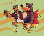  2019 absurd_res anthro avian backpack banjo-kazooie banjo_(banjo-kazooie) barefoot bear bird black_nose blue_eyes briefs briefs_only brown_body brown_fur brown_pawpads clothed clothing detailed_background duo feathers feet female fur green_background group hi_res jewelry kazooie male mammal necklace open_mouth pawpads rareware red_body red_feathers redo_(artist) simple_background teeth_showing text tighty_whities topless underwear underwear_only white_briefs white_clothing white_underwear yellow_body yellow_feathers 