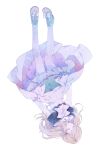  1girl black_wolves_saga blonde_hair blue_dress bow closed_eyes closed_mouth dress falling fiona_galland hair_bow highres long_hair long_sleeves pink_bow smile solo upside-down white_background yukiralu 