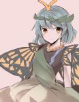  1girl antennae brown_eyes butterfly_wings dress eternity_larva jewelry leaf leaf_on_head midori_(misuriru8) necklace pink_background solo tagme touhou wings 