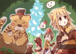  2boys 2girls absurdres acolyte_(ragnarok_online) apple apple_on_head archer_(ragnarok_online) arrow_through_apple bangs belt black_belt black_headwear blonde_hair blue_bow bow bow_(weapon) brown_capelet brown_dress brown_gloves brown_hair brown_shirt brown_shorts brown_skirt capelet cloud commentary_request cowboy_shot day dress eddga flying_sweatdrops food forest fruit giving_up_the_ghost gloom_(expression) gloves goggles goggles_on_head hair_bow hat highres holding holding_bow_(weapon) holding_sword holding_weapon long_hair long_sleeves low_ponytail lunatic_(ragnarok_online) multiple_boys multiple_girls muneate nature open_mouth outdoors pipe_in_mouth poring ragnarok_online red_apple red_hair rune_caestus shirt short_hair shorts skirt smoking_pipe spore_(ragnarok_online) surprised sword swordsman_(ragnarok_online) thief_(ragnarok_online) tiger top_hat weapon whisper_(ragnarok_online) white_hair 