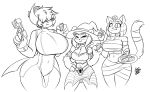  2022 absol animal_crossing ankha_(animal_crossing) anthro bear big_breasts breasts cleavage clothed clothing cookie domestic_cat eating eyes_closed felid feline felis female food generation_3_pokemon giant_panda group gun hat headgear headwear hi_res huge_breasts kurimi_(lunarspy) lunarspy mammal metroid midriff navel nintendo obscured_eyes pokemon pokemon_(species) ranged_weapon samus_aran shi_yu_(lunarspy) signature smile standing text thick_thighs tia_(lunarspy) trio weapon wide_hips witch_hat 