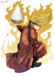  1boy absurdres black_footwear blonde_hair boots bowl character_request copyright_request fire food hairstyle_request highres holding holding_bowl jacket looking_at_viewer mashima_hiro red_jacket rice simple_background squatting white_background 
