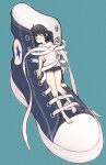  1girl 1ssakawaguchi absurdres barefoot black_hair bound closed_eyes highres original shirt shoes short_hair short_shorts shorts simple_background sneakers t-shirt tied_up_(nonsexual) 