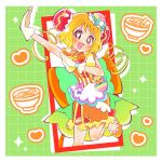  1girl :d apron arm_up back_bow bangs blonde_hair bob_cut bow bowl bright_pupils bun_cover commentary cure_yum-yum delicious_party_precure double_bun dress food gloves hair_bun hanamichi_ran head_tilt heart highres large_bow leg_up looking_at_viewer magical_girl medium_dress mem-mem_(precure) meranoreuka_(pandapaca) open_mouth orange_bow orange_dress orange_eyes orange_footwear precure short_hair sleeveless sleeveless_dress smile solo soup standing standing_on_one_leg waist_apron white_gloves white_pupils yellow_bow 