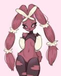  1girl animal_ears animal_nose bare_shoulders black_sclera body_fur brown_fur closed_mouth colored_sclera commentary covered_collarbone cowboy_shot english_commentary flat_chest furry furry_female hands_up highres looking_at_viewer lopunny mega_lopunny mega_pokemon navel nyaivie pink_background pink_eyes pokemon pokemon_(creature) rabbit_ears rabbit_girl rabbit_tail simple_background solo standing stomach tail two-tone_fur v-shaped_eyebrows white_fur 
