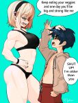  1boy 1girl abs absurdres angry ass bare_arms bare_legs biceps black_nails black_panties black_sports_bra blonde_hair blue_eyes blue_hair blush breasts dark_blue_hair english_text friends hairband hand_on_another&#039;s_head hand_on_hip headpat height_difference highres hood hoodie large_breasts long_eyelashes looking_at_another looking_down looking_up muscular muscular_female myahogao naughty_face open_clothes open_hoodie original pale_skin panties pants quads red_pants short_hair speech_bubble sports_bra tall_female teasing thick_thighs thighs underwear wristband 