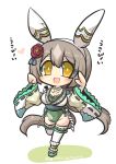  1girl :d absurdres animal_ears bangs blush breasts brown_hair chibi cleavage collarbone colored_shadow covered_navel flower full_body goma_(gomasamune) green_footwear green_leotard groin hair_between_eyes hair_flower hair_ornament hairband happy_new_future_(umamusume) highres horse_ears horse_girl horse_tail leotard long_hair long_sleeves low_ponytail medium_breasts ponytail red_flower ribbon-trimmed_legwear ribbon-trimmed_sleeves ribbon_trim satono_diamond_(floral_star_prosperous_green)_(umamusume) satono_diamond_(umamusume) shadow shide simple_background smile solo standing standing_on_one_leg tail thighhighs translation_request twitter_username umamusume very_long_hair white_background white_hairband white_thighhighs wide_sleeves yellow_eyes zouri 