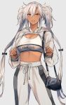  1girl alternate_costume bag breasts brown_eyes dark-skinned_female dark_skin glasses hair_between_eyes highres jacket kantai_collection kasumi_(skchkko) large_breasts lifted_by_self light_brown_hair long_sleeves looking_at_viewer musashi_(kancolle) pants pointy_hair rectangular_eyewear short_hair_with_long_locks simple_background solo sports_bra sportswear twintails two_side_up white_background white_jacket 