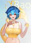  1girl bao_(vtuber) blowhole blue_hair bluemayo breasts bustier cetacean_tail character_name cleavage fish_tail food fruit highres indie_virtual_youtuber large_breasts lemon lemon_slice looking_at_viewer navel red_eyes shirt short_hair smile solo spaghetti_strap stomach suggestive_fluid tail upper_body virtual_youtuber whale_girl yellow_shirt 